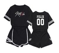 Satdflie Kpop Stray Kids T-Shirt+Shorts Set Women's 2 Piece Short Sleeve Outfits Girls Print Crop Top Elasit Waist shorts