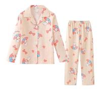 Satdflie My Me-lody 2 Piece Pajamas Set Petite Women Girls Cartoon Printed Lounge Set Sleepwear Nightwear Long Sleeve Shirt Pants Sets, Pink 2, L