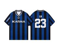 Satdflie Stray Kids T-Shirts SKZ Karma Jersey Shirt V-Neck Short Sleeve Striped Soccer Tee, Kpop Stay Fan Merch for Concert