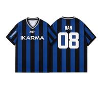 Satdflie Stray Kids T-Shirts SKZ Karma Jersey Shirt V-Neck Short Sleeve Striped Soccer Tee, Kpop Stay Fan Merch for Concert