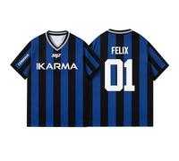 Satdflie Stray Kids T-Shirts SKZ Karma Jersey Shirt V-Neck Short Sleeve Striped Soccer Tee, Kpop Stay Fan Merch for Concert