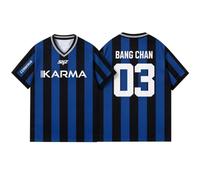Satdflie Stray Kids T-Shirts SKZ Karma Jersey Shirt V-Neck Short Sleeve Striped Soccer Tee, Kpop Stay Fan Merch for Concert
