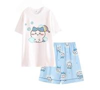 Satdflie Women Chiikawa Pajama Sets Girls Christmas Anime Fans Gifts 2 Piece Short Sleeve with Shorts Pj Set Cartoon Print Nightwear Cotton Lounge Set, Blue/3, M