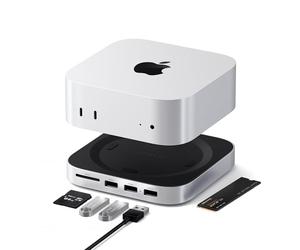SATECHI Hub & Stand Mac mini M6, M5 Pro, M4, NVMe SSD Enclosure, Silver | 2x USB-A up to 10 Gbps, USB-A data port, SD card reader, optimized self-cooling, for Mac Mini M6, M5 Pro, M4/M4 Pro