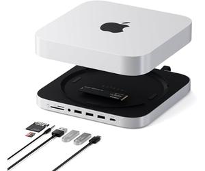 SATECHI Mac Mini Hub & Stand with SSD Enclosure for NVME/SATA M.2, Dock with USB-C 10Gbps, 3 USB-A 5/10Gbps, 2.0 Audio Jack, for Mac Studio M1 - M4, Mac Mini M2/M1 (Does not support mini M4) - Silver