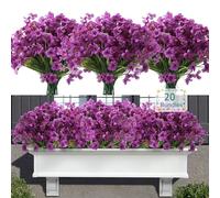 Satefello 20 Bundles Outdoor Artificial Flowers, UV Resistant Fake Flowers with Plastic Plants, Faux Silk Flowers for Outside Window Box Front Porch Hanging Planter Decor-Purple