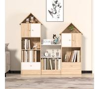 Saterkali Castle Kids Bookshelf with Toy Box,Wooden Toy Storage Organizer U-Shaped Bookcase with Opening Shelves 2 Barns and 2 Drawers Modern Cube Storage Shelf for Living Room Bedroom Wooden Color