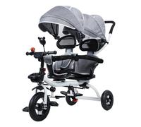 Saterkali Double Baby Stroller & Trike Combo - Extra-Wide Tandem Tricycle with Sunshade Canopy, Safe Triangle Structure & 220lbs Capacity for Siblings (2-8 Years) Grey