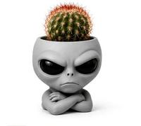 Saterkali Funny Extraterrestrial Face Head Planter, 3D Printed Matte Gray PLA Mini Pot, Novelty Desktop Succulents Cactus Container for Cyber Industrial Home Decor Gift C