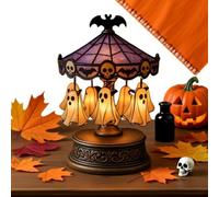 Saterkali Halloween Ghost Rotating Carousel Night Light, Vintage Stained Glass Style USB Rechargeable Desk Lamp, Spooky Glowing Tabletop Decor for Bedroom Apartment Living Room Party A Not rotatable