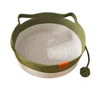 Saterkali Handwoven Cotton Rope Cat Basket Bed with Cat Ear Handles, Round Pet Sleeping Nest with Hanging Knotted Ball, Boho Indoor Kitten House for Living Room Decor Green M