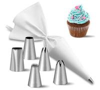 Satificer Piping Bag and Nozzles Set, 1 Reusable Silicone Bag and 5 Stainless Steel Nozzles, White Icing Cream Pastry Decorating Tool