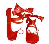 Satin Ballet Dance Shoes Full Suede Sole - Flat Slippers with Silky Ribbon Gymnastics Shoes for Child Adult Girls Women Red