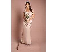 Satin Bardot Bridesmaid Maxi Dress with Waist Ruching Detail Coast Mocha 14