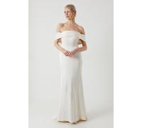 Satin Bardot Fishtail Maxi Wedding Dress With Train Coast Ecru 14