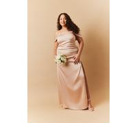 Satin Bardot Ruched Maxi Dress In The Style Beige 10