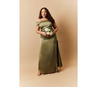 Satin Bardot Ruched Maxi Dress In The Style Green 14