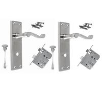 Satin Bathroom Door Handle with Privacy Lock Set & 3 Lever Sash Lock- Victorian Style Internal Thumb Turn Latch for Interior Doors Satin Chrome (2 Pair of Bathroom Handles + Bathroom SASH Lock)