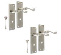Satin Bathroom Door Handle with Privacy Lock Set - Victorian Style Internal Thumb Turn Latch for Interior Doors Satin Nickel Door Handles, Back Plate (2 Pair of Bathroom Handles)