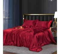 Satin Bed Linen 135 x 200 cm Red Wine Red Shiny Silk Plain Bed Linen Sets Smooth Luxury Gloss Satin Red Bed Linen Duvet Cover Set Microfibre Single Bed with Zip and Pillowcase 80 x 80 cm