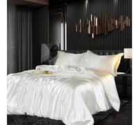 Satin Bed Linen Set 135 x 200 cm 2-Piece White Shiny Silky Touch Plain Duvet Cover Set Silk Smooth Luxury Bedding Set Glossy Satin Polyester Single Bed with Zip and Pillowcase 80 x 80 cm