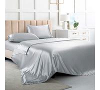 Satin Bed Sheets California King Size Sheets Set, Silver Grey Silk Bedsheet, 4 - Pieces Soft Bedding Set with 1 Deep Pocket Fitted Sheet,1 Flat Sheet,2 Pillowcase