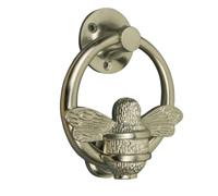 Satin Bee Door Knocker for Front Door | Polished Solid Brass Bee Ring | Satin Knockers with Strike Plate | UPVC | Bumblebee Front Door Furniture with a Unique Design