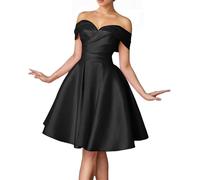Satin Black Short Prom Dresses for Teens Pleated Solid Off Shoulder Homecoming Dress Knee Length Formal Gown UK8