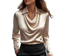 Satin Blouse for Women Elegant Cowl Neck Drapey Satin Wrap Tops Silky Feel Blouse Long Sleeve Silk Tops Ladies Evening Going Out Shirts Business Office Wear for Formal Work Party,Zc-Rose Gold,L