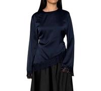 Satin Blouse for Women UK Classic Round Neck Asymmetric Hem Shirts Plain Long Flare Sleeve Tops with Lace Trims Summer Lightweight Blouses for Office Holiday Daily Wear(Dark Blue,S)