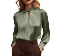 Satin Blouses for Women Elegant Twist Long Sleeve Knotted Neck Shirts Ladies Office Business Work Casual Loose Shiny Ladies T Shirts Daily Tops Shirt Soft Party Blouse Going Out Tops Army Green