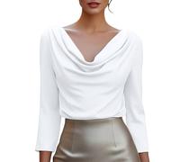 Satin Blouses for Women Evening Going Out Tops Long Sleeve Satin Silk Like Shirts Cowl Neck Printed Tops Business Casual Shirt Ladies Blouses Office Work Everyday Daily Wear (White, S)