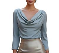 Satin Blouses for Women Evening Going Out Tops Long Sleeve Satin Silk Like Shirts Cowl Neck Printed Tops Business Casual Shirt Ladies Blouses Office Work Everyday Daily Wear (Light Blue, XL)