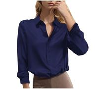 Satin Blouses for Women UK Elegant Long Sleeve Shirt Plus Size Smrat Casual Tops Button Down Lapel V Neck Blouse Ladies Office Work Tops Basic Solid Shirts for All Seasons 01 Navy XL