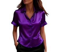 Satin Blouses for Women UK Elegant Smart Short Sleeve Button Down Silk Tops Professional Job Interview Shirts Business Casual Office Wear Work Clothes Plus Size Going Out Tunic Tops for Women UK