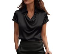 Satin Blouses for Women UK Evening Going Out Tops Short Sleeve V Neck Blouse Shirts Oversized Tops Elegant Shirts Party Business Blouse Casual Work Office Wear for Ladies Daily Wear (Black, XXXXXL)