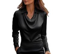 Satin Blouses for Women UK Silk Blouse Cowl Neck Long Sleeve Party Top Ladies Tshirts Solid Colour Pleated Turndown Collar Shirts Gold Top Work Office Elegant Tunic Blouses Streetwear Cocktail