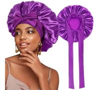 Satin Bonnet 2PCS, Shower Caps 2-Tone Double-Sided Silk Hair Wrap, Elastic Night Cap for Sleep & Bath, Head Cover for Women, Girls, Long/Straight/Curly Hair (Dark purple)
