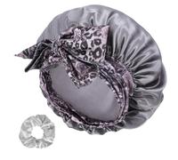 Satin Bonnet for Sleeping, Large Silk Sleep Cap Satin Hair Bonnets with Printed Tie Band and Scrunchies, Shower Caps for Women Curly Hair (Grey)