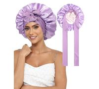 Satin Bonnet for Women with Elastic Tie Band - Silk Bonnets for Sleeping Double Layer Sleep Cap for Curly Hair, Reversible Night Hair Wrap (Purple+Apricot)