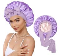 Satin Bonnet Silk Bonnet for Sleeping Silk Sleep Cap Double Layer Hair Bonnet with Elastic Tie Band for Curly Hair Night Cap (Light Purple+Champagne)