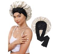 Satin Bonnet Silk Bonnet for Sleeping Silk Sleep Cap Double Layer Hair Bonnet with Elastic Tie Band for Curly Hair Night Cap, Black + Champagne, One Size