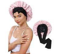 Satin Bonnet Silk Bonnet for Sleeping Silk Sleep Cap Double Layer Hair Bonnet with Elastic Tie Band for Curly Hair Night Cap, Black + Peach Pink, One Size