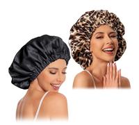 Satin Bonnet Silk Bonnet Hair Bonnet for Sleeping-Slouchy Beanie Hat Satin Sleep Cap for Women's Natural & Curly Hair(Black&Leopard)