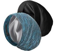 Satin Bonnet Silk Lined Sleep Cap- Adjustable Hair Cover for Women Men Frizzy Hair Night Cap Patients Care, Black & Lake Blue, One Size