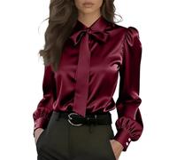 Satin Bow Tie Blouses for Women UK Long Sleeve Puff Sleeve Shirt with Collared Neckline Elegant Formal Office Ladies Tops and Blouse Evening Wear Satin Silky Fabric Shirts S Wine