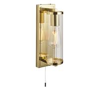 Satin Brass Bathroom Wall Light & Ribbed Cylinder Glass Shade IP44 Rated Fitting | Satin Brass Plate & Clear Ribbed Glass Finish - Bulb Not Included - Requires 10W LED E27 - Non-Dimmable Lighting