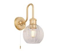 Loops Satin Brass Bathroom Wall Light & Ribbed Glass Shade Ip44 Rated Knurled Detail | Satin Brass Plate & Clear Ribbed Glass Finish - Bulb Not Included - Requires 10W LED E27 - Non-Dimmable Lighting