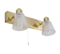 Satin Brass & Clear Ribbed Glass Bathroom Vintage 2 Lamp Switched Bar Wall Light | 28cm Wide | IP44 Rating | 2 x G9 Lamp Bulbs Required | 240V UK | Pull Cord Switch | Mirror Lighting