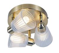 Satin Brass & Clear Ribbed Glass Bathroom Vintage 3 Lamp Round Plate Ceiling Light | 20.5cm Diameter | IP44 Rating | 3 x G9 Lamp Bulbs Required | 240V UK | Flush Ensuite Lighting | Retro Vibe